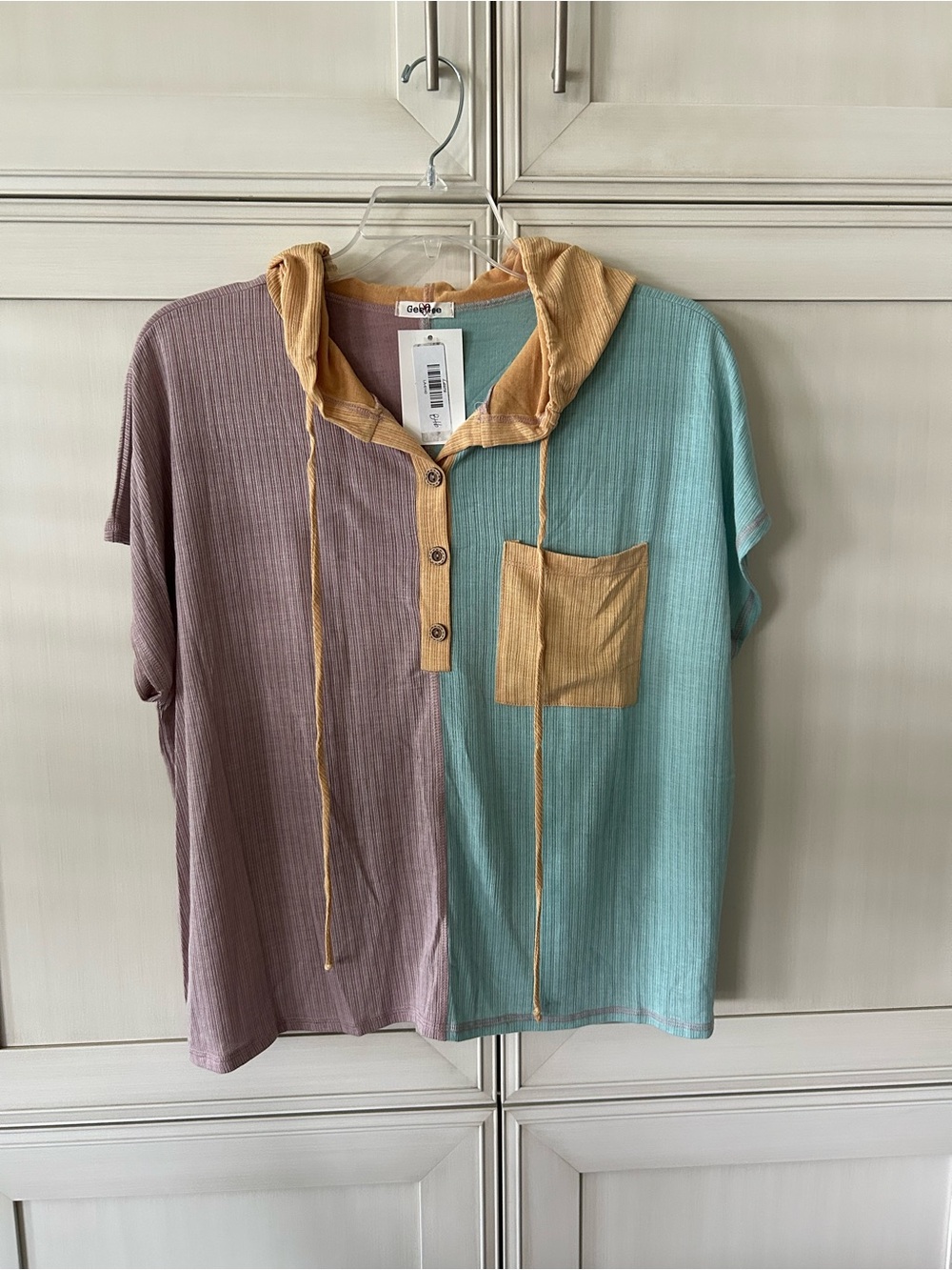 GeeGee Colorblock Ribbed Hooded Henley - Mauve, Teal & Mustard Trim